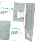 Heavy Duty Wall Mounted Card Holder Rack Boasting Top Notch Slot Layout For Offices And Warehouses Straight Up Time Card Organizer in grey with multiple slots.