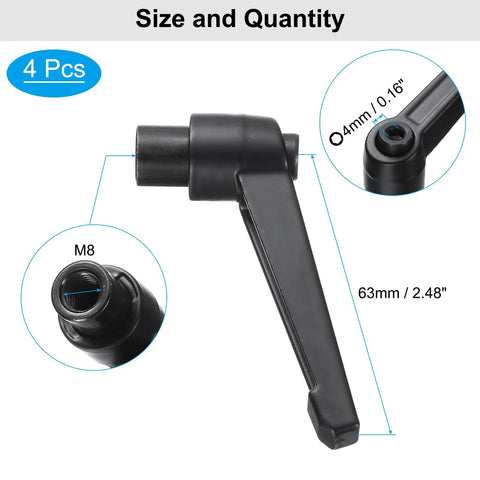 4Pcs Black M8 Female Thread Clamping Levers Quick Release Adjustable Handles For Lathe Tools dimensions showing 63mm lever and 4mm hex details.