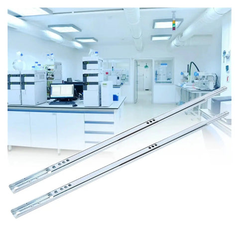 Premium Grade Heavy Duty Side Mounted Ball Bearing Drawer Slides Full Extension Steel cabinet hardware in a lab setting.