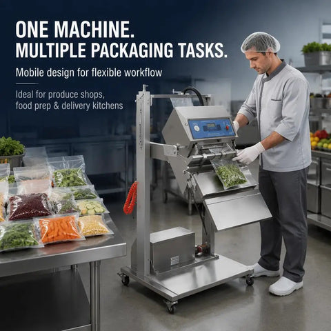 Big Time Vertical Pneumatic Vacuum Sealer With Wide 600mm Stainless Steel Sealing Bar And Rolling Cart in kitchen packaging vegetables.