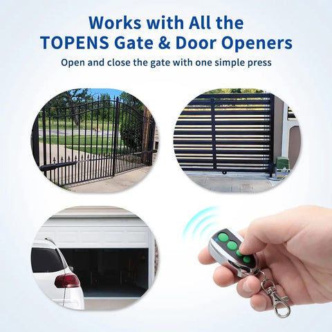 M12 4 Button Remote Control 2 Pack For Automatic Swing And Sliding Gate Opener Wireless Key Fob in hand near gates
