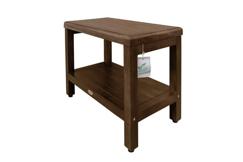 Eleganto 24 Inch Brown Waterproof Teak Shower Bench Stool With Non Slip Feet And Two Tier Storage Shelf For Inside Shower Bathroom Safety Organization And Easy Access To Towels And Bath Accessories.