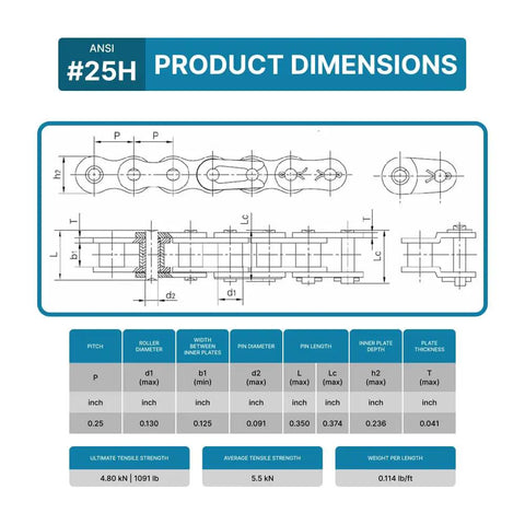 Dimensions chart for ANSI 25H heavy duty roller chain with key measurements for industrial use and machinery applications.