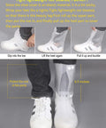 Waterproof Rain Boot Covers For Men And Women, clear overshoes being put on white sneakers, showing step-by-step fitting sequence.