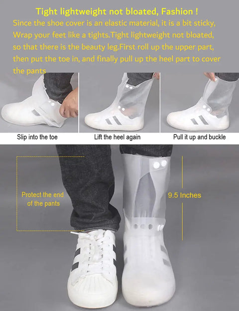 Waterproof Rain Boot Covers For Men And Women, clear overshoes being put on white sneakers, showing step-by-step fitting sequence.