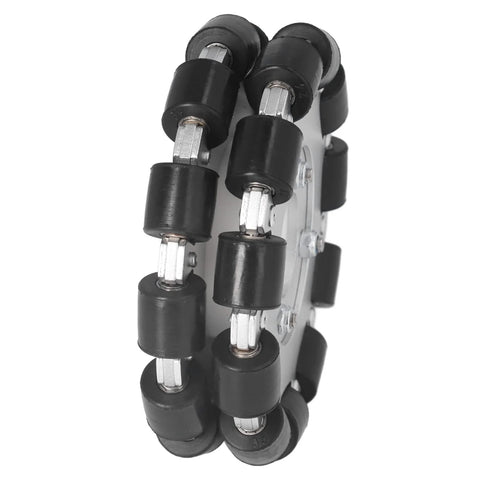 Double aluminum omni wheel side view, 127mm diameter with black rollers for robot replacement parts