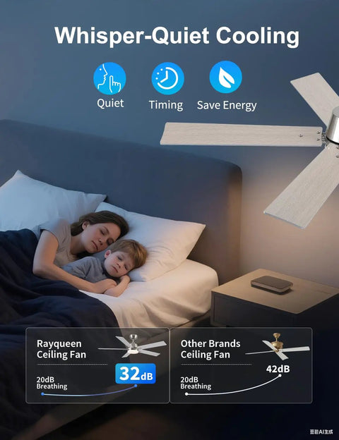 Silent bedroom with 52 inch ceiling fan with lights and remote, 6 speed reversible DC motor, 3CCT dimmable LED, brushed nickel