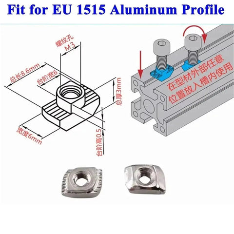 Diagram of Drop In T Slot Nut Hammer Head Style for 1515 Aluminum Profiles M3 M4 M5 Nickel Plated Steel with dimensions