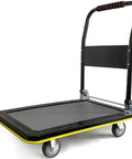 Heavy Duty Steel Rolling Flatbed Cart Dolly With Smooth Swivel Wheels Easy Fold Handle And Rock Solid Frame, black and yellow design, sturdy handle.