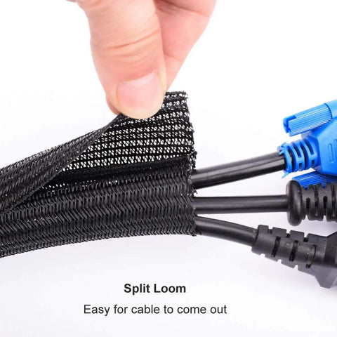 Sort Out Your Tangled Cords With This Durable 6.6 Foot Black Cable Sleeve One Inch Wide Wrap securing multiple cables.