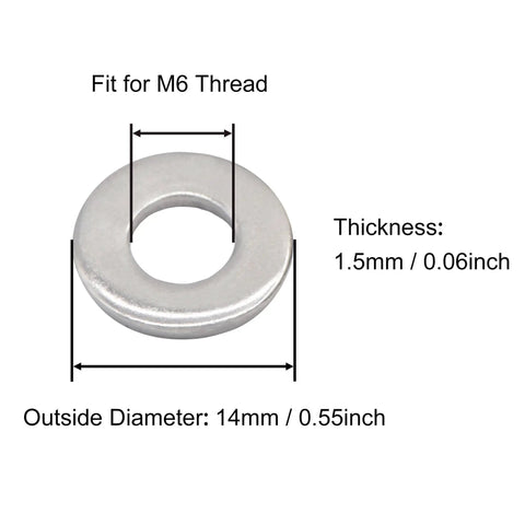 Big Time Heavy Duty M6 Flat Washers 14mm Outer Diameter Crafted From Top Notch 18 8 304 Stainless Steel For Hardware Bolts And Nuts Rust Resistant Lock Tight Fit 50 Count Bulk Pack close-up with dimensions.
