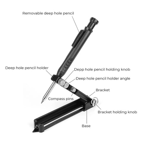 Upgraded Heavy Duty Aluminum Alloy Scribing Tool For Carpentry And Construction With Rock Solid Locking Nut And Deep Reach Scriber Gauge For Precise Layouts And Weekend Warrior Projects, featuring deep hole pencil holder and bracket.