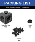 Packing list image with 12 black 3030 3-way corner cubes, 36 stoppers, and 36 cross bolts for aluminum extrusion T-slot frames.