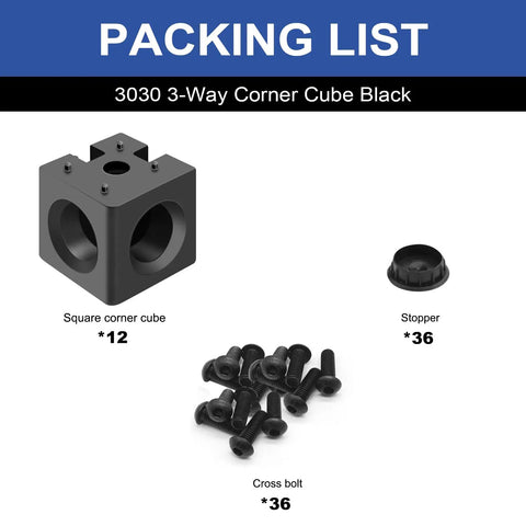 Packing list image with 12 black 3030 3-way corner cubes, 36 stoppers, and 36 cross bolts for aluminum extrusion T-slot frames.