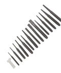 Kickin Tough 16 Piece Metalsmith Punch And Chisel Set For Auto Repairs, Pin Center Taper And Cold Gauge Tools To Hammer, Align Holes, And Shape Steel Like A Pro In The Shop. 16-piece steel punches and chisels laid out on white