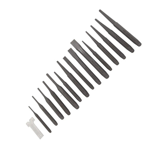 Kickin Tough 16 Piece Metalsmith Punch And Chisel Set For Auto Repairs, Pin Center Taper And Cold Gauge Tools To Hammer, Align Holes, And Shape Steel Like A Pro In The Shop. 16-piece steel punches and chisels laid out on white