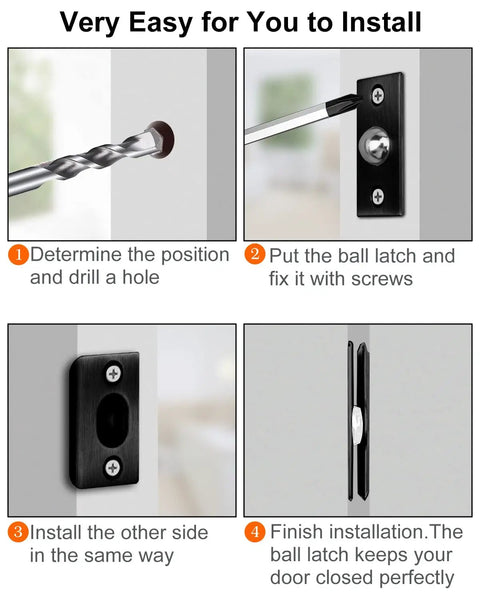 Installation steps for Invisible Drive-In Closet Ball Catch Hardware, 2 Pack Black Finish, with drill, screws, and ball latch.