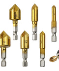 Six Piece Countersink Drill Bit Set With One Quarter Inch Hex Shank HSS Five Flute Countersink Bits 90 Degree Center Punch Tool Kit For Quick Change Sizes 6mm To 19mm Great For Woodworking image showing front view of bits.