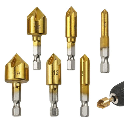 Six Piece Countersink Drill Bit Set With One Quarter Inch Hex Shank HSS Five Flute Countersink Bits 90 Degree Center Punch Tool Kit For Quick Change Sizes 6mm To 19mm Great For Woodworking image showing front view of bits.