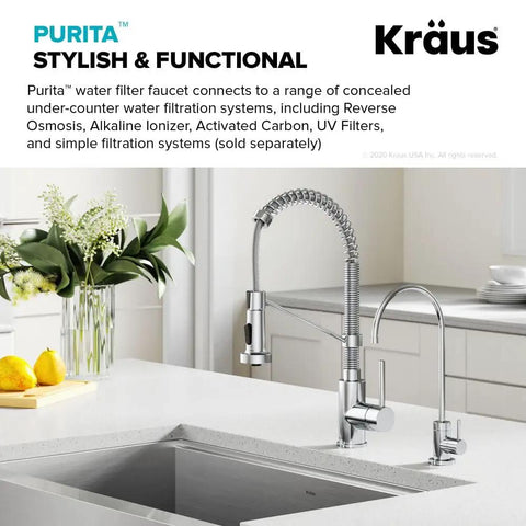 Purita Lead-Free Kitchen Water Filter Faucet, Standalone On Demand Filtered Water, Chrome Finish, shown beside a kitchen sink
