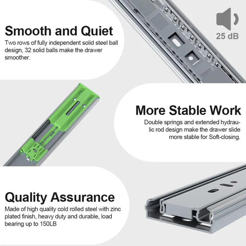 Close-up of 16 Inch Heavy Duty Soft Close Drawer Slides Two-Piece Set, galvanized steel, highlighting ball bearings and features.