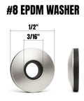 Front view of #8 EPDM bonded sealing washer with stainless steel backing; 1/2 in outer diameter, 3/16 in hole.