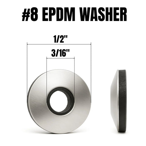 Front view of #8 EPDM bonded sealing washer with stainless steel backing; 1/2 in outer diameter, 3/16 in hole.