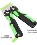 11 Piece Multi Purpose Razor Blade Scraper Kit with black and green plastic handle, folding feature, locking handle.