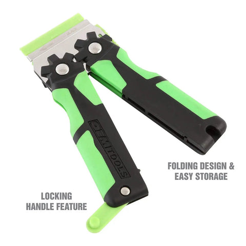 11 Piece Multi Purpose Razor Blade Scraper Kit with black and green plastic handle, folding feature, locking handle.