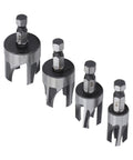 Top Tier Carbon Steel Tapered Plug Cutter Set Of Four With Hex Shank Handles showing four sizes for woodworking and joint repairs.