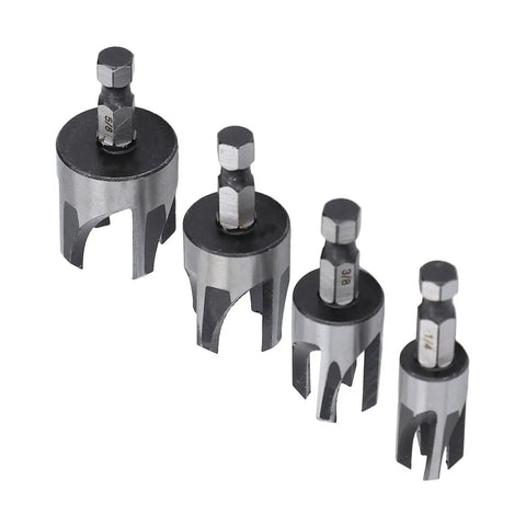 Top Tier Carbon Steel Tapered Plug Cutter Set Of Four With Hex Shank Handles showing four sizes for woodworking and joint repairs.