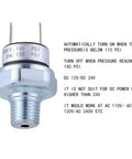 Go-To Air Pressure Switch 1/4 Inch 18 NPT 110 To 140 PSI DC 24V Or 12V Auto On Off IP54 Rated Silver for installations, side view