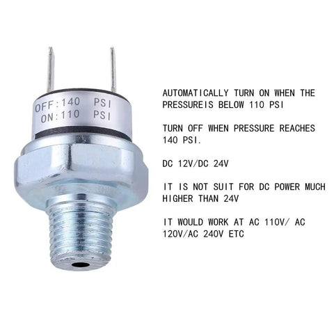Go-To Air Pressure Switch 1/4 Inch 18 NPT 110 To 140 PSI DC 24V Or 12V Auto On Off IP54 Rated Silver for installations, side view