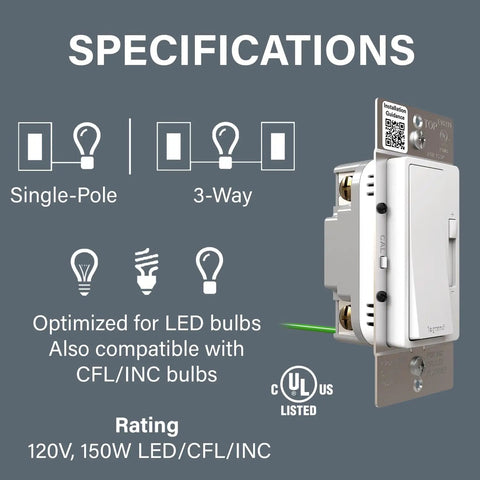 150W LED Dimmer Switch For Dimmable Lights, Single Pole And 3-Way Ready, diagram and features details