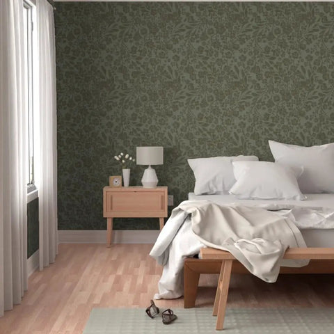 Real Dope Cottage Botanical Wallpaper With Matte Linen Texture And Pvc Free Mix in a cozy bedroom setting with natural light.