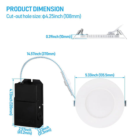 Ultra Thin 6 Inch LED Recessed Light Kit With Junction Box Pack Of 6 13.5W Dimmable Canless Ceiling Lights dimensions diagram