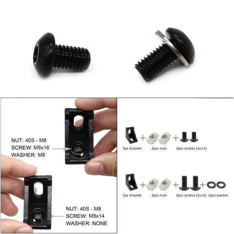 Complete M8 Hardware Kit For 4040 And 4080 Aluminum Extrusion Profiles, bolts, T-nuts, washers, assembly details, 3D printers, shelves.
