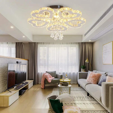 Dope Crystal Flower Chandelier LED Ceiling Light Modern Flush Mount 13.4 Inch Diameter Cool White 6000K 29W in living room