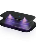 UVC Portable Sanitizer Box With Rechargeable Battery Kills Ninety Nine Point Nine Percent Germs On The Go Fits Masks Makeup Brushes Glasses Phones Keys Black, open view with phone inside and UV light on