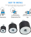 3 sizes of M10 rubber vibration isolator mounts with hex lock nuts shown in cut and compression diagrams