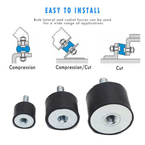 3 sizes of M10 rubber vibration isolator mounts with hex lock nuts shown in cut and compression diagrams