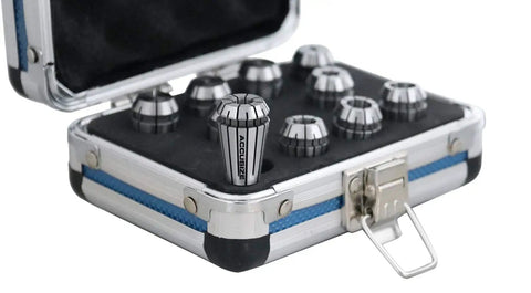 ER16 Collet Set 10 Piece Includes 1/32 To 3/8 Inch Collets 0.0004 Inch Concentricity True Double Angle open case view