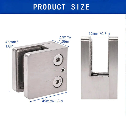 Heavy Duty 316 Glass Clamps 8 Pack For 8-12mm Glass, 1.8 Inch Square Brackets, side and front views with measurements