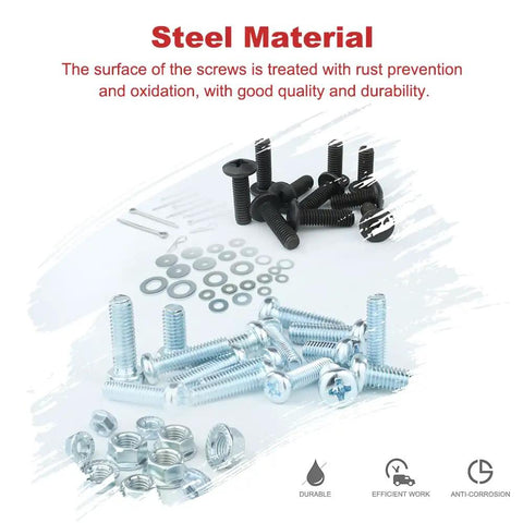 247 Piece Motorcycle Bolts Kit For Engine Body Frame And Exhaust Fitment showing zinc-plated and black screws with washers and nuts.