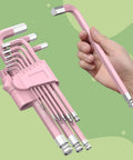 Pink 9 Piece Cr V Allen Key Set With Long Ball End Hex Keys 1.5 To 10mm Color Coding For Home Repair DIY Enthusiasts And Women Gift Idea