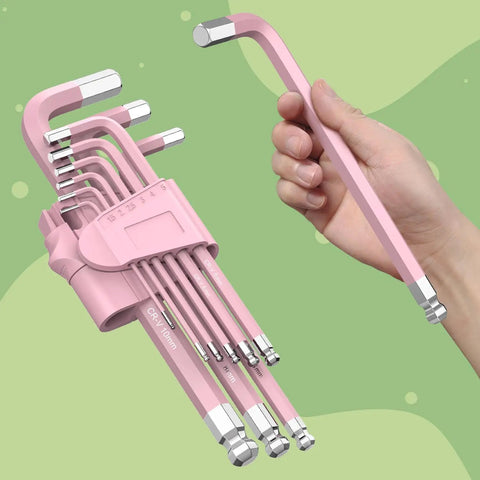 Pink 9 Piece Cr V Allen Key Set With Long Ball End Hex Keys 1.5 To 10mm Color Coding For Home Repair DIY Enthusiasts And Women Gift Idea