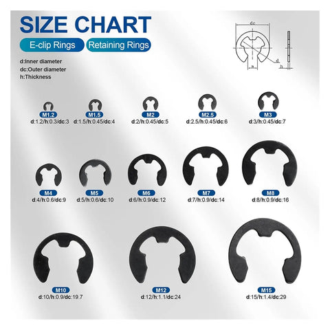 Black Carbon Steel E Clip Assortment Kit With 395 Or 810 Pieces M1.2 To M15 External Retaining Clips size chart