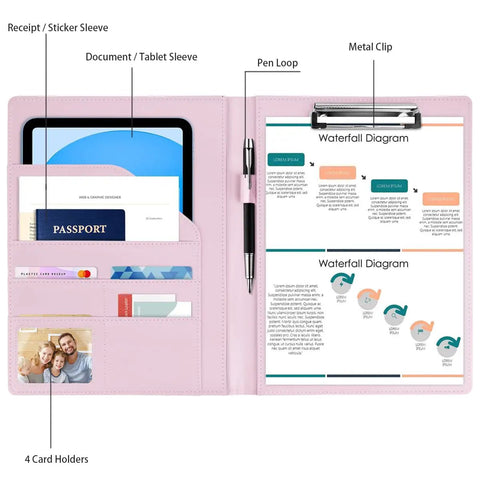 Padfolio For Women And Men With Clipboard Boss Style Cute Chic Resume Portfolio Folder Conference And Legal Document Organizer A4 And Letter Size 4 Card Holders Document Sleeve Pen Loop Pink