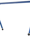 Heavy Duty Steel Knockdown Fixed Gantry Crane With Fifteen Foot Span And Two Thousand Pound Lift Capacity For Tough Job Sites Or Backyard Projects Featuring Glass Filled Nylon Casters That Roll Slick And Hold Position Dead On. Blue frame and yellow supports.