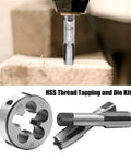 M16x1.5 Metric Tap And Die Set Right Hand Thread, Heavy Duty HSS shown in use on a wooden block